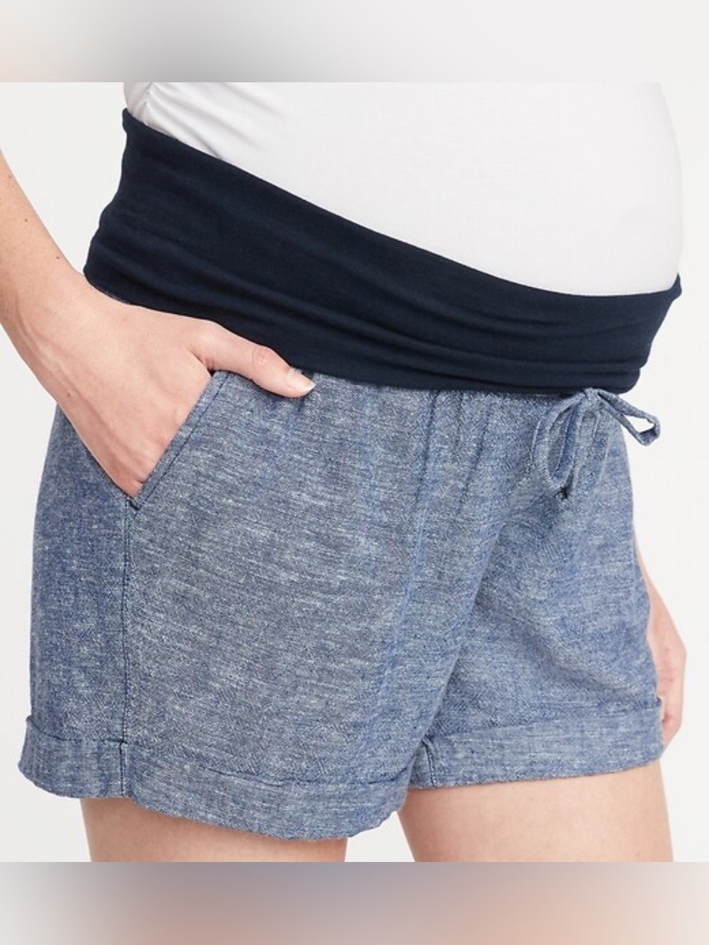 Old Navy Blue Chambray Maternity Shorts with Black Fold-Over Waist Size Large
